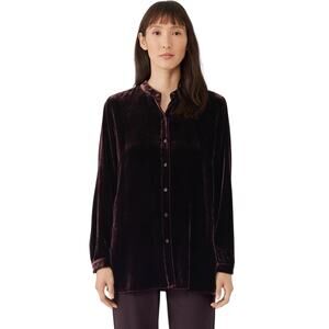 Eileen Fisher Silk Blend Velvet Band Collar Long Shirt Easy Fit Long Length XS